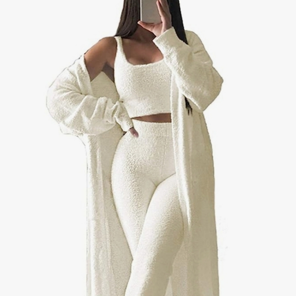 Lounge wear Women's Fuzzy 3 Piece Sweatsuit Open Front Cardigan Crop Tank Tops W